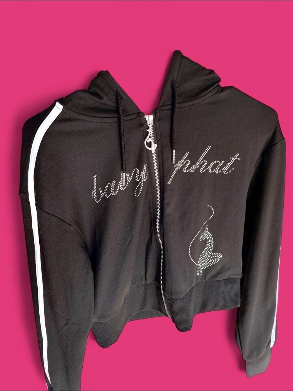 NWT Baby Phat Black Rhinestone-Embellished Zip Hoodie with White Stripe